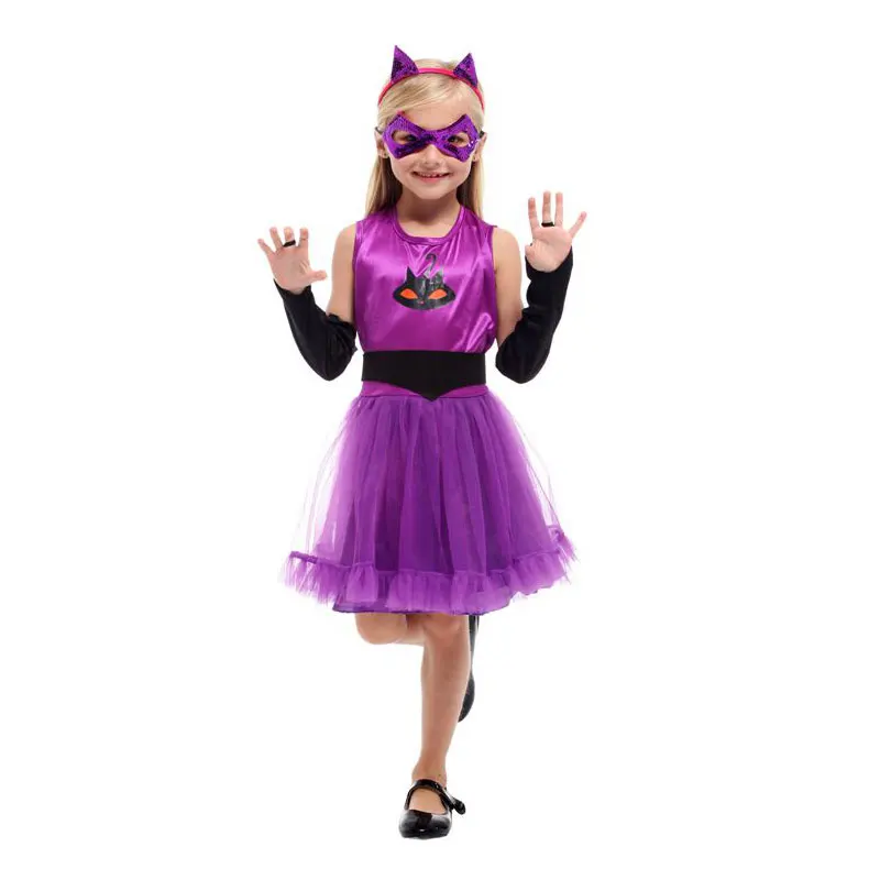 

Kids Children Purple Cat Girl Kigurumi Kitty Costume Catwoman for Girls Halloween Purim Carnival New Year Fancy Party Dress