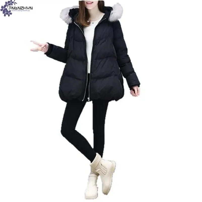 2017 New Women's clothing Medium Long Hooded Fur Collar Young lady Thicken Long sleeve Warm Large size Cotton Female Outerwear