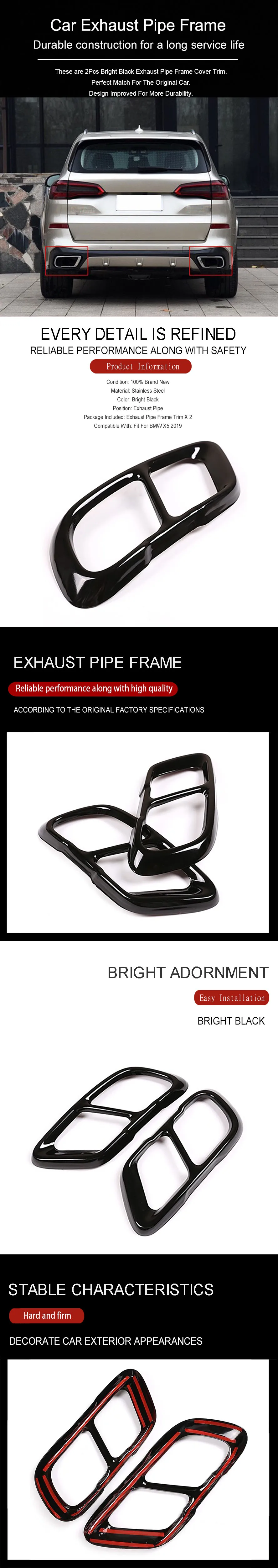 Wooeight 2Pcs Stainless Steel Tail Bright BlackThroat Exhaust Pipe Cover Trim Decor Decoration Frame Fit For BMW X5 2019 (7)