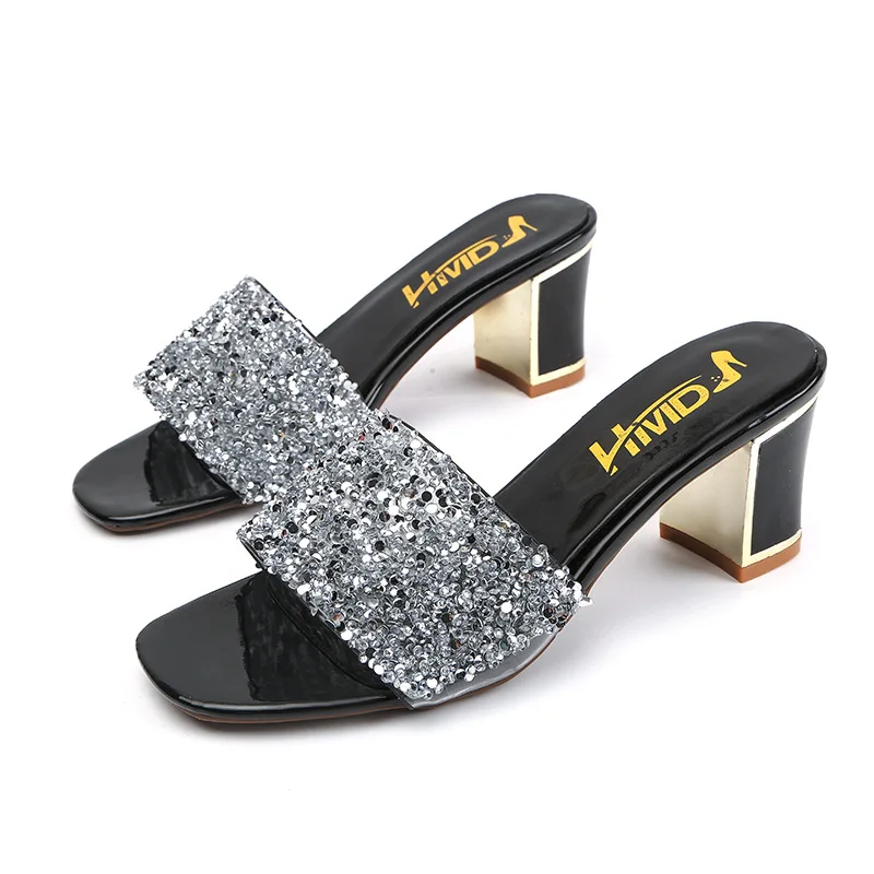 

FEERIJT new 2019 fashion temperament high heel ladies sandals and slippers rhinestone sequins women's slippers