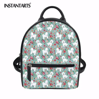 

INSTANTARTS Small Women Backpack Cute Bichon Frise Flower Printing Stylish PU Leather School Backpacks for Female Bagpack Bags