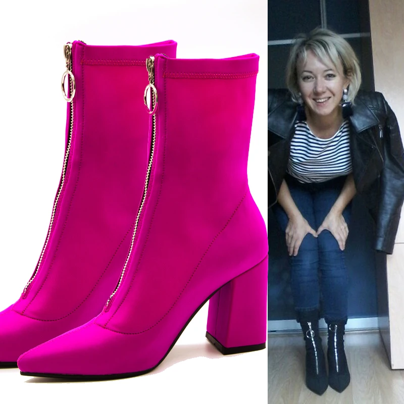 

VANGULL Women Shoes winter Fashion Pointed boots Stretch fabric Front zipper Ankle Boots short boots sexy High heels shoes