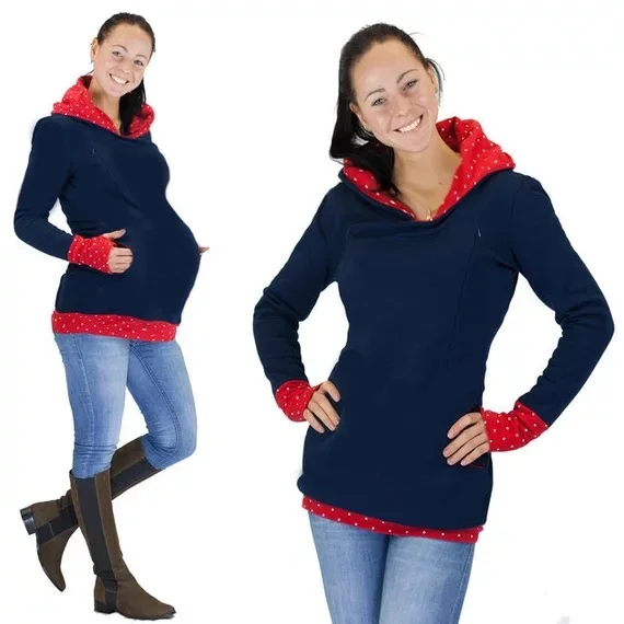 Осенне-зимние теплые толстовки с капюшоном для беременных и кормящих женщин, свитер с капюшоном для грудного вскармливания - Цвет: Red
