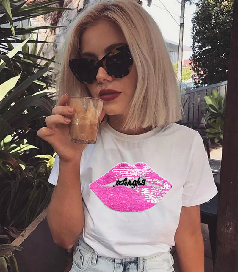 

Tshirt Women Sequined lips embroidered Short Sleeve Slim Fit Tee Top White Black T Shirt Chemise Femme