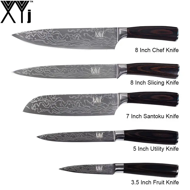 XYj набор кухонных ножей для приготовления пищи с цветной деревянной ручкой 7cr17, ножи из нержавеющей стали с узором Damasucs, кухонные принадлежности, инструменты - Цвет: B.(5 Pcs Set)