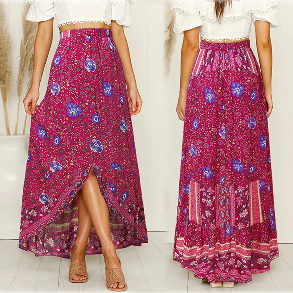 

Women's skirt Fashion Long Floral Print Skirt High Waist Wrap Midi Boho Skirt Casual Ladies Party Maxi Summer skirts Beach