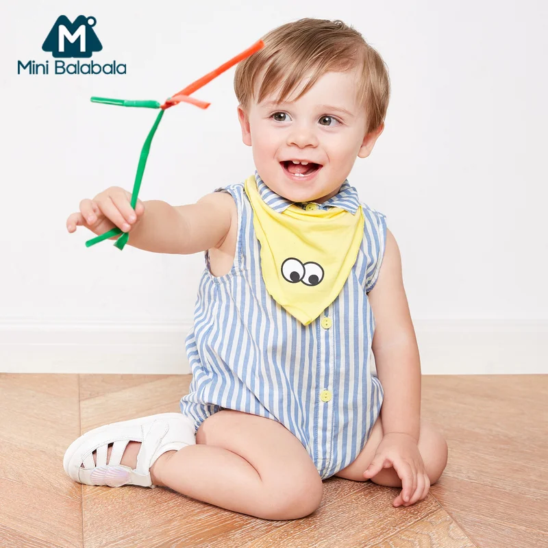

Mini Balabala Newborn Baby 2-Piece 100% Cotton Striped Romper with Shirt Collar + Teething Bibs Set Infant Baby Girl Boy Gifts