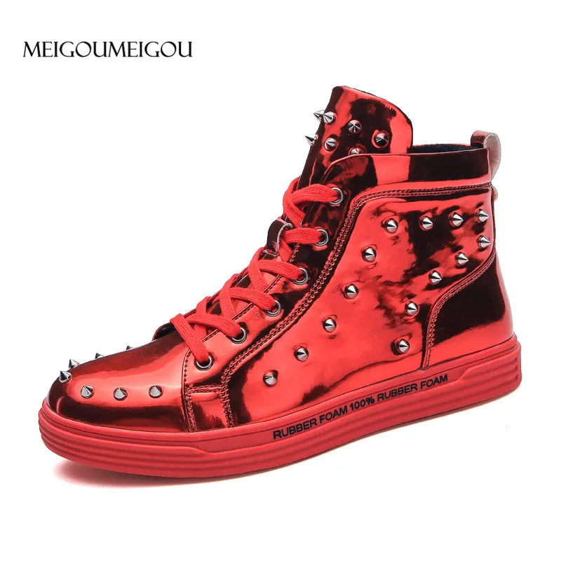 

MEIGOUMEIGOU New 2018 Men Leather Casual Shoes Fashion Rivet Decoration Men Sneakers Waterproof High-top Sequin Flat Shoes Men