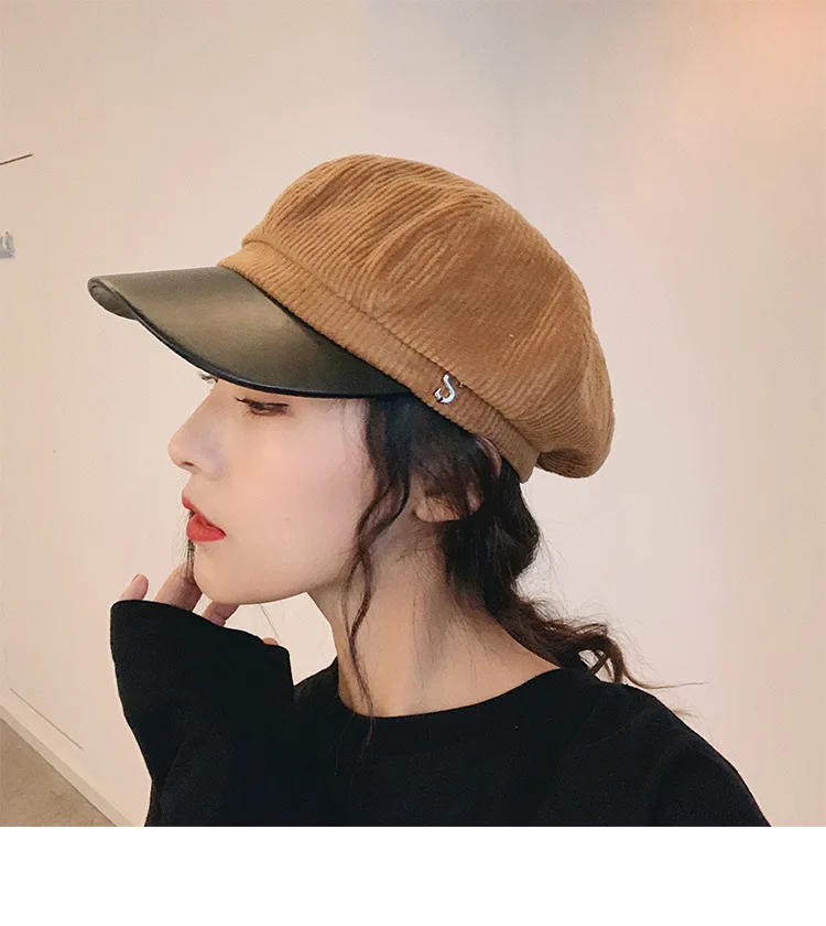 Fashion Women Hats Autumn Winter Corduroy Navy Military Hat Octagonal Hat Women Pu Leather Beret S Letter Corduroy Black Caps