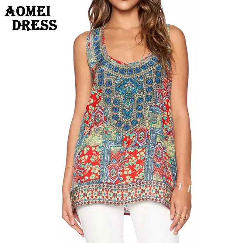 2016 Summer Boho Print Tank Top Chiffon Vintage Design Lady Casual Clothing Tops Blusa Beachwear Cover Ups Fitness Women | Женская