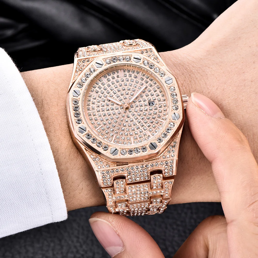 Cheap Bling Diamond Watch For Men Iced Out Luxury Mens Quartz Watches Man Dress Wristwatch Silver Stainless Steel Relogio Masculino
