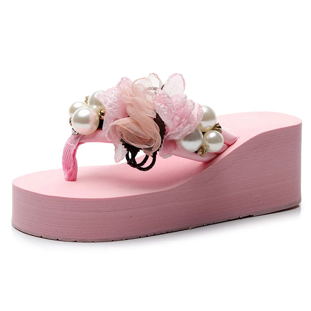 Женские тапочки на танкетке, украшенные цветами и жемчужинами; Вьетнамки в богемном стиле; пляжная обувь; сандалии на ремешках; уличные тапочки; домашняя обувь без шнуровки - Цвет: Pink