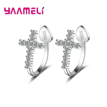 

Shining Original 925 Sterling Silver Ear Clip Earrings A+++ High Class CZ Crystal Paved Cross Shaped Hip Hop Jewelry