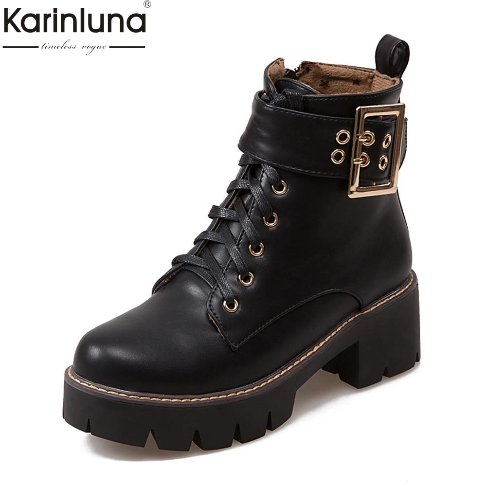 

KarinLuna 2018 Hot Sale Fashion Large Size 34-43 Zip Up Ankle Boots Woman Chunky Heels Shoes Woman Add Fur Dropship Winter Boots