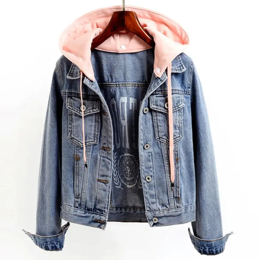 

Plus Size 2XL Short Denim Jacket Autumn Fashion Denim Hooded Jacket embroidered jeans coat