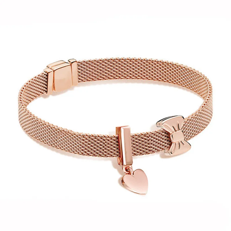 

NEW 100% 925 Sterling Silver Reflexions Bracelet Set Rose Gold Bow Elegant Fit European DIY Original Charm Bead Jewelry Gift
