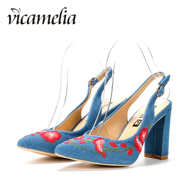 

Vicamelia Embroider Floral Mules Women Denim Pumps Casual Flower High Heel Sandals Lady Party Wedding Shoes 2019 Summer Spring