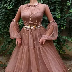 Элегантный коричневый Тюль Выпускные платья с длинным рукавом ручной работы вышитые цветы кристаллы длинное Вечерние вечернее платье 2019