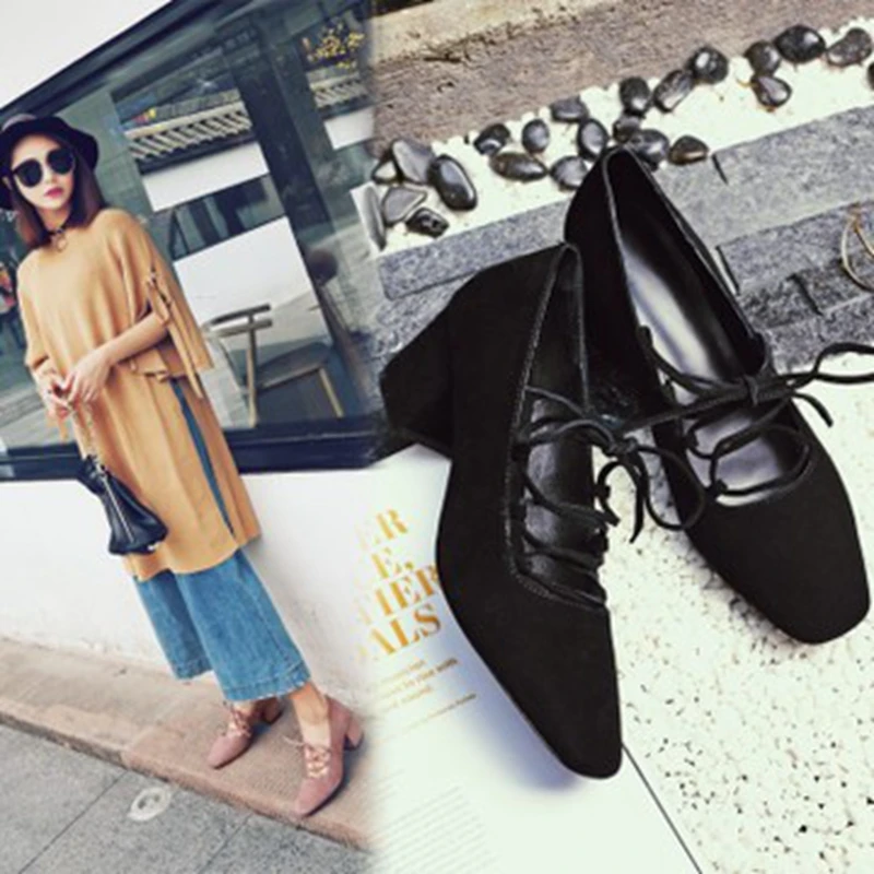En Printemps Nouveau Femmes rose Profonde Chaussures Bouche Avec Carrée 2019 Simples Mouton Épais Noir Haut Cuir Peu Strap Croix Tête Talon da5PURUqW