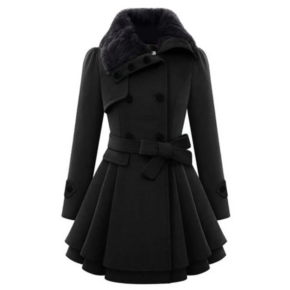 2018 Winter Warm Gothic Casual Black High Street Plus Size Women Overcoats A Line Lapel Plain Belt Button Girls Fashion Coats
