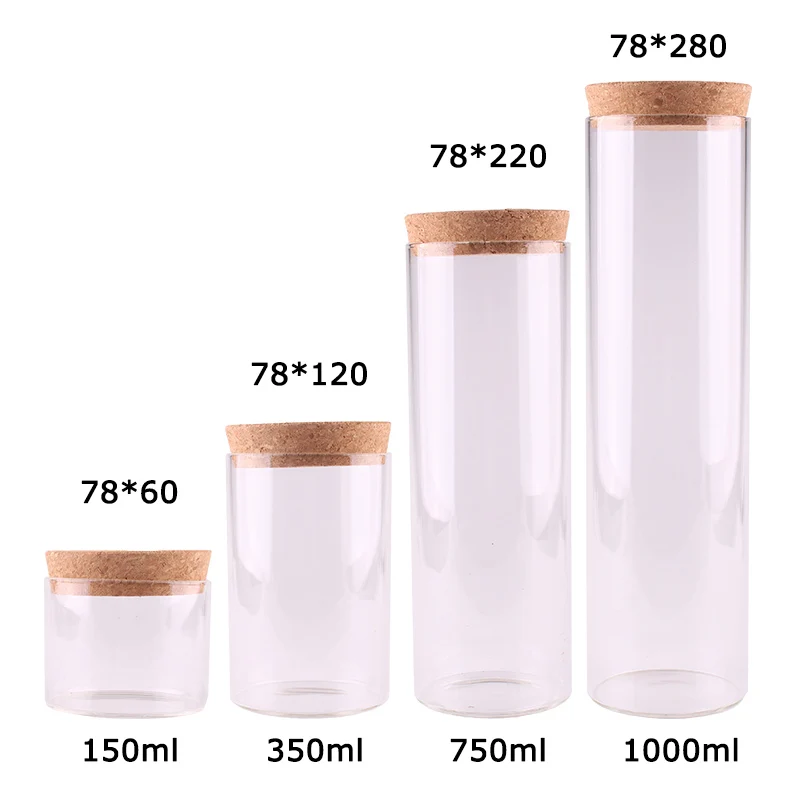 

4pcs Dia 78mm 150ml/350ml/750ml/1000ml Transparent Glass Test Tube Terrarium with Cork Stopper Spice Storage Bottle Container