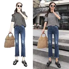 5XL плюс Размер винтажный с высокой талией расклешенные женские мама рваные колокольчики низ укороченные джинсы джинсовые брюки пуш-ап уличная Корейская