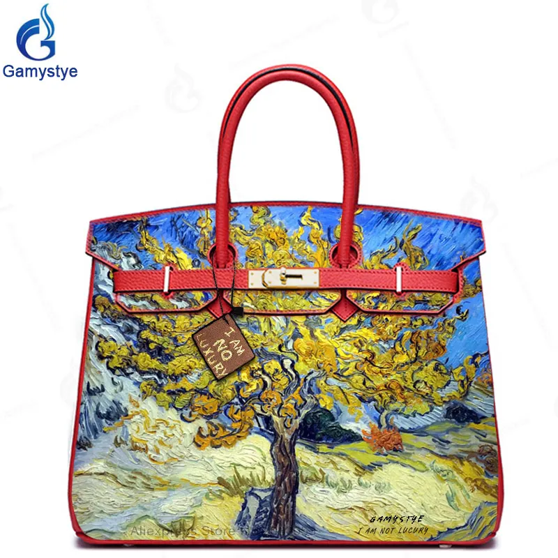 

Hand Art Paint Jasmine Yellow Tree Real Cowskin Leather bags handbags Women Shoulder Messenger Bags High Quality Padlock Purses