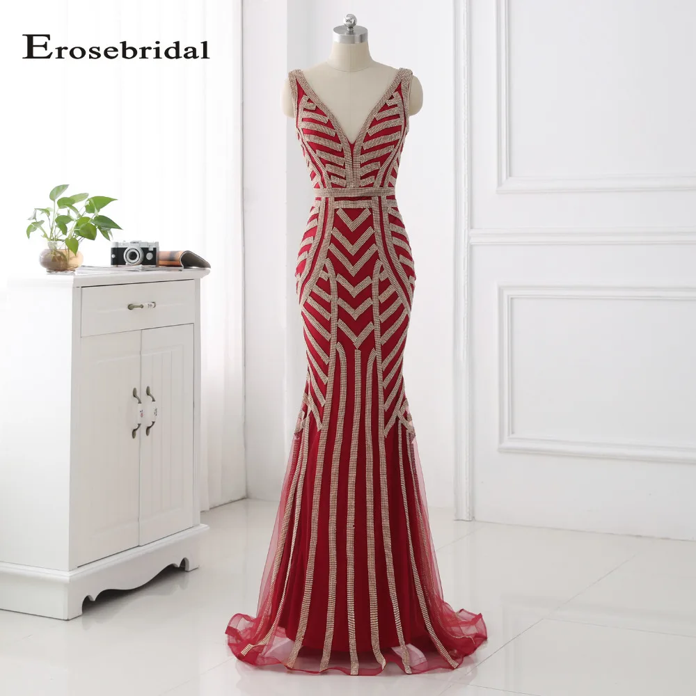 

Erosebridal 48 Hours Shipping Burgundy Long Evening Dress Plus Size Mermaid Evening Gowns Gold Crystal Vestido De Festa ZLR014