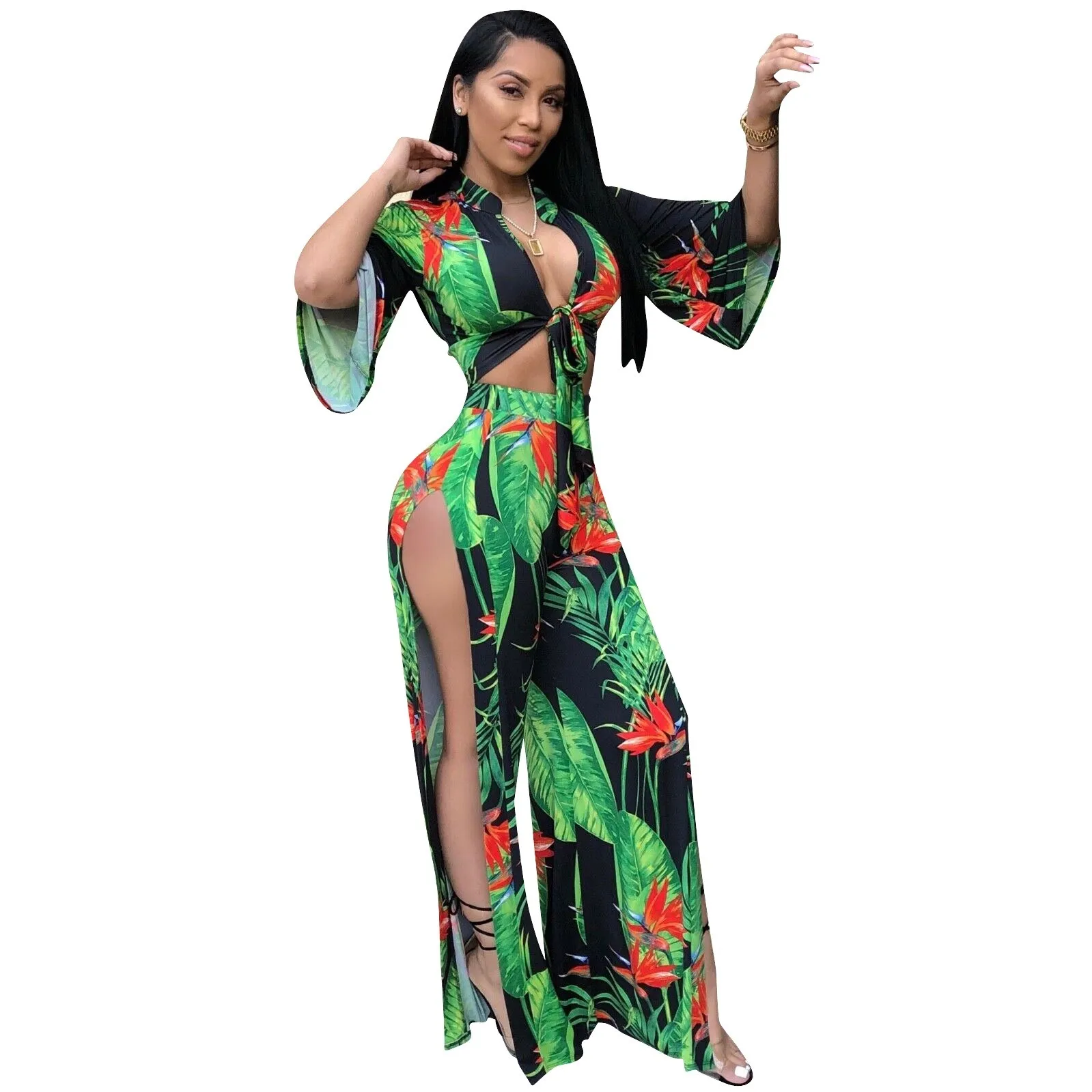 Women's Set with Crop Top and Pants – Fitted Long Sleeve – High Waist – Flared Legs – Decorated