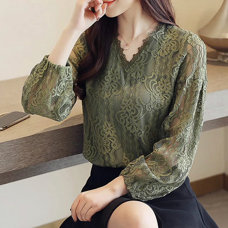 

Women's Large Size Blouse Green Lace Tops Fashion Long Sleeve Blusas Mujer 2019 Moda Autumn Elegant Dentelle Shirts Female