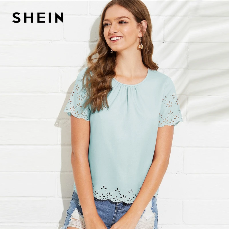 

SHEIN Turquoise Gathered Neck Scallop Laser Cut Short Sleeve Top Blouse Spring Highstreet Women Cut Out Tops And Blouses