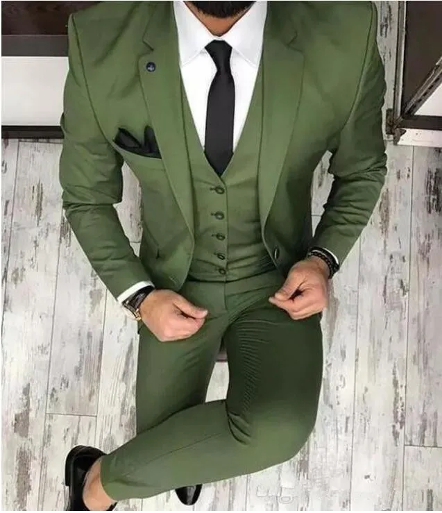 Оливково зеленый мужские костюмы для жениха смокинги женихов 2019 Зубчатый нагрудные Slim Fit Блейзер из трех частей пиджак брюки жилет человек