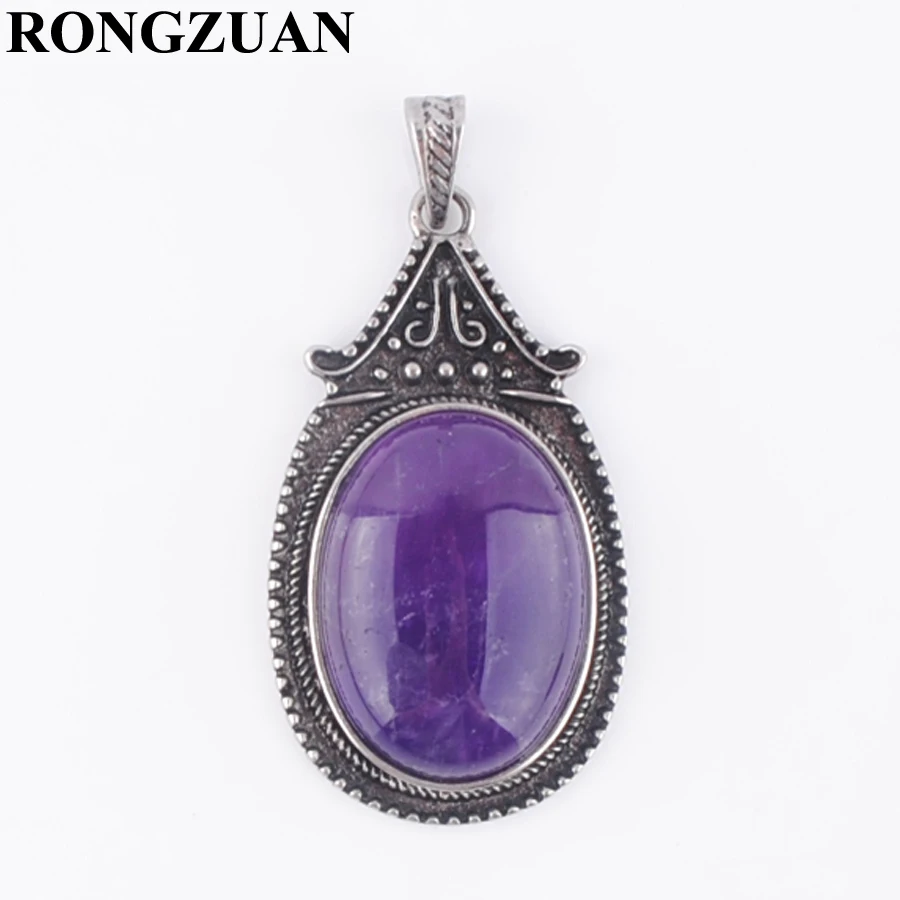 Amethyst RONGZUAN винтажные Подвески Ювелирные изделия натуральный Овальный Камень Амазонит Роза кварца аметисты бусины маятниковая Подвеска для цепочки и ожерелья TBN378 - Окраска металла: Amethyst
