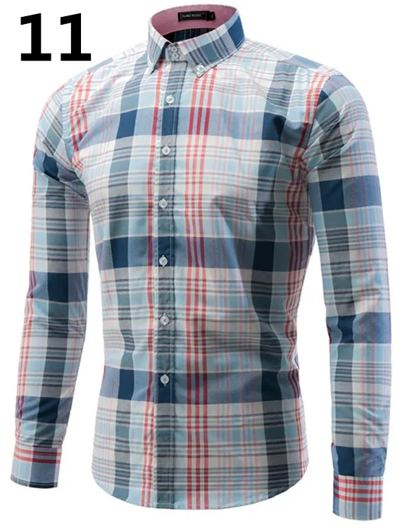 Мода размера плюс Повседневная полосатая клетчатая приталенная Мужская рубашка с длинным рукавом с принтом на пуговицах - Цвет: 11