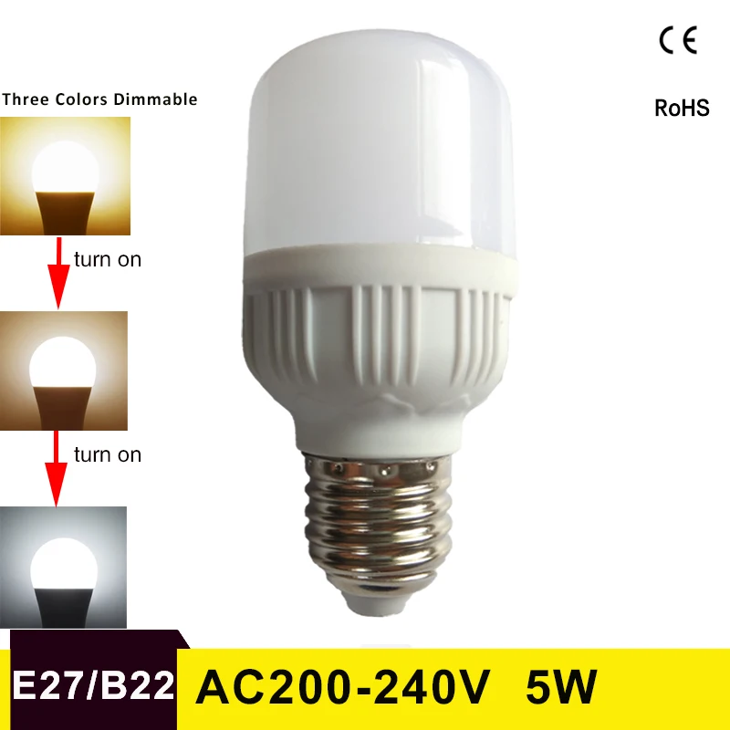 

LED Bulb E27 Real Power B22 5w LED Lampada Ampoule Bombilla Three Colors Dimmable 220V Led Light Bulb For Home Table Lamp
