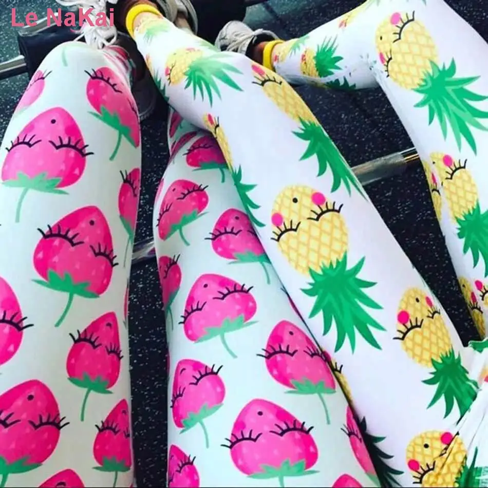 

Le NaKai Cute Fruit Printed Women Yoga Leggings Smile Strawberry Pineapple and Watermelon Printed Summer Fun Gym Tights