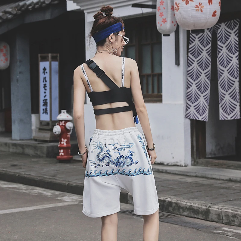 Китайский дракон, вышивка шорты Уличная мужская повседневная шорты хип-хоп шорты для бега свободные Харадзюку шаровары