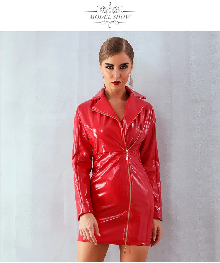 XIKOI сексуальные красные костюмы для вечеринки с v-образным вырезом, туника, весенние женские тонкие кожаные тренчи, пальто с длинным рукавом, мини Модные Клубные пальто