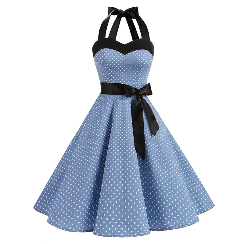 

Summer Vintage Retro Small Dot Solid Rockabilly Halter Pinup Large Swing Backless Strap Halter Dress Sleeveless vestido de festa