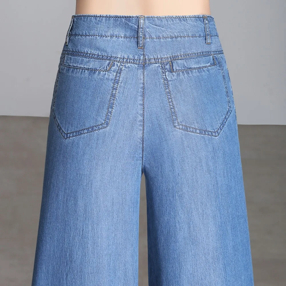 Новинка, женские летние тонкие джинсы из тенселя с высокой талией и широкими штанинами, крутые прямые штаны большого размера по щиколотку