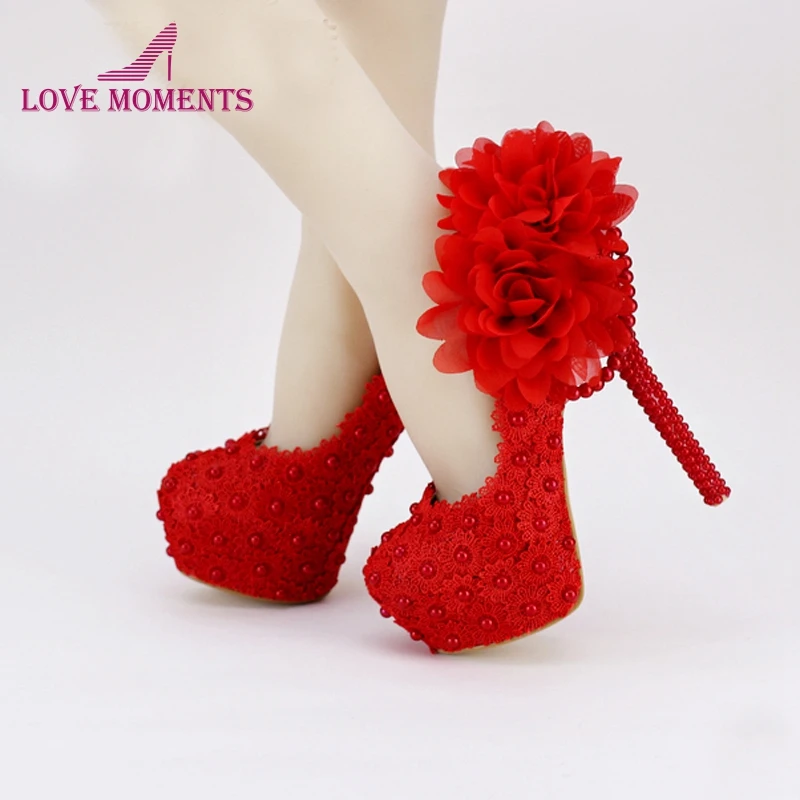 

Red Lace Applique Evening Dress Shoes Sapatos Femininos Valentine Women High Heels Bridal Wedding Party Shoes Plus Size