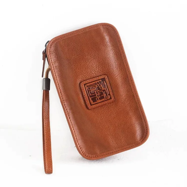 

Unisex Style Genuine Vegetable Tanned Leather Men Women's Phone Purse Card Holder Day Clutches Cowhide Male Female Wristlets Bag