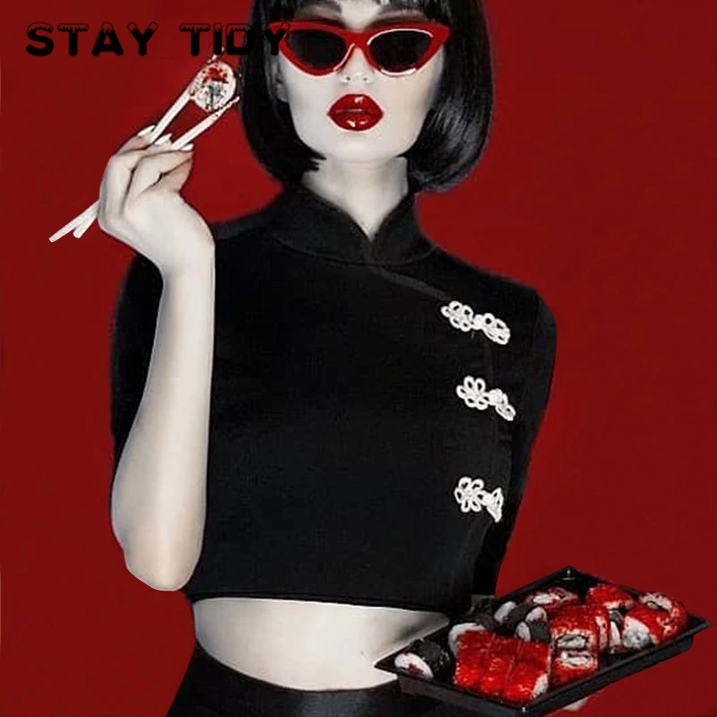 Женский укороченный топ в китайском стиле STAY TIDY черный с коротким рукавом из