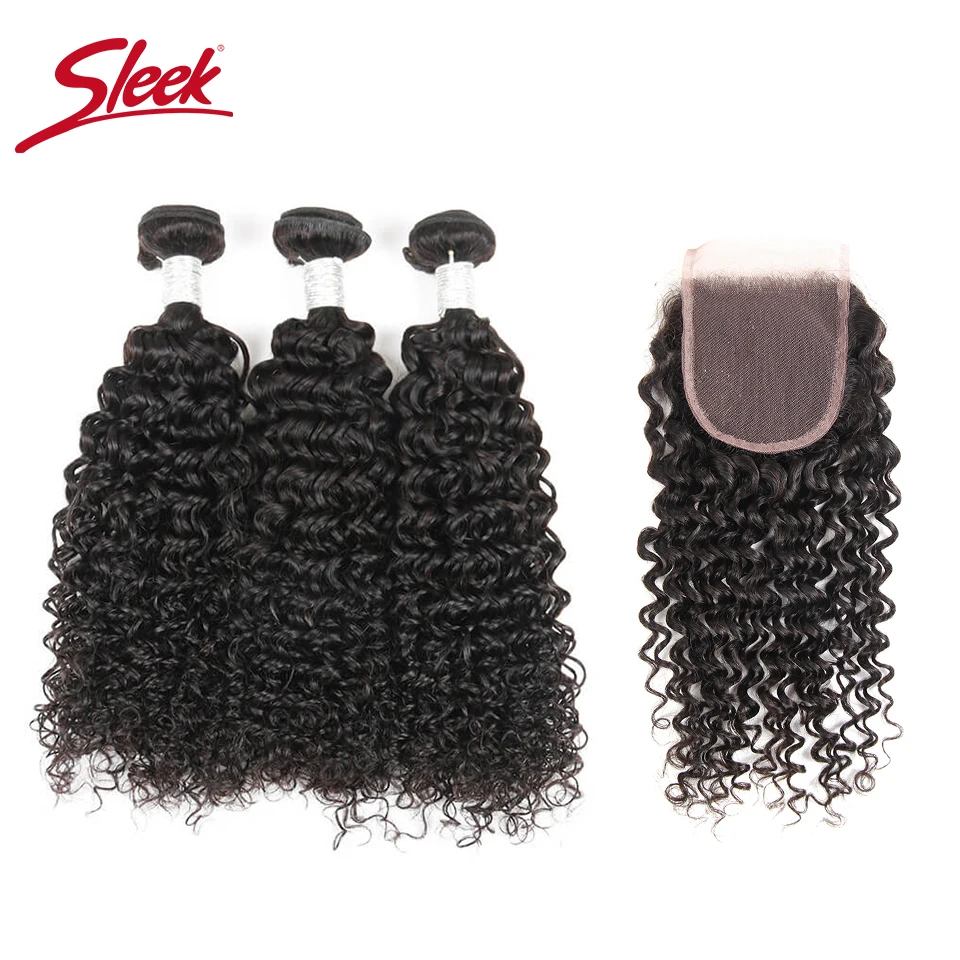 

Sleek Brazilian Curly Hair Bundles With Closure 4 Pcs Natural Color Remy Human Hair Kinky Curly 3 Bundles With Closure