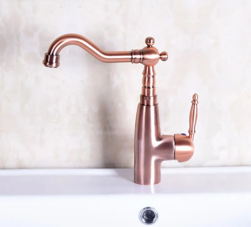 Vintage Red Copper Antique Brass Single Handle Swivel Spout Bathroom Basin Kitchen Sink Faucet Cold & Hot Mixer Tap anf131