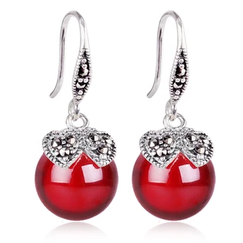 

2017 new S925 Silver Red Garnet Natural semi-precious stones red Teardrop Old silversmith Onyx Heart love Dangle Earrings