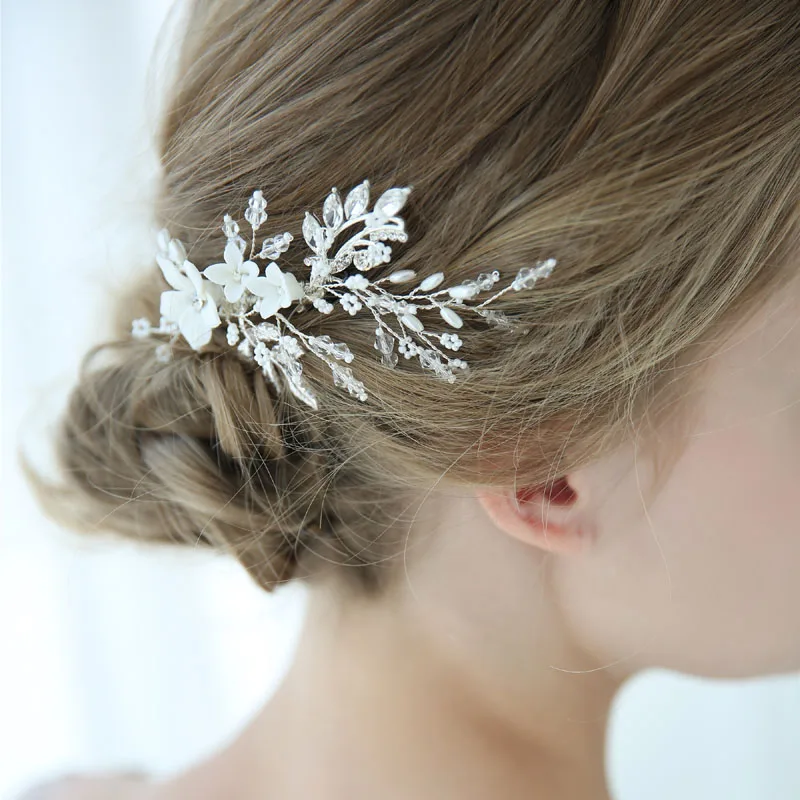 Floralbride Handmade Wired Crystal Pearl Flower Leaf Wedding Hair Clip Barrettes Bridal Headpieces Hair accessories Bridesmaids