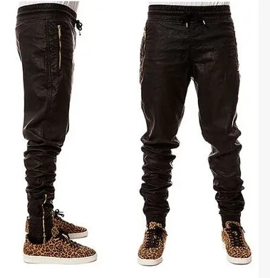 Европа west coast Мужские штаны для бега хип-хоп свободные кожаные штаны с боковой молнией модные мужские кожаные брюки танцевальные брюки для мужчин