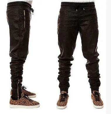 Europe west coast men Jogger pants hip hop loose leather pants Side Zipper 2016 Fashion Male