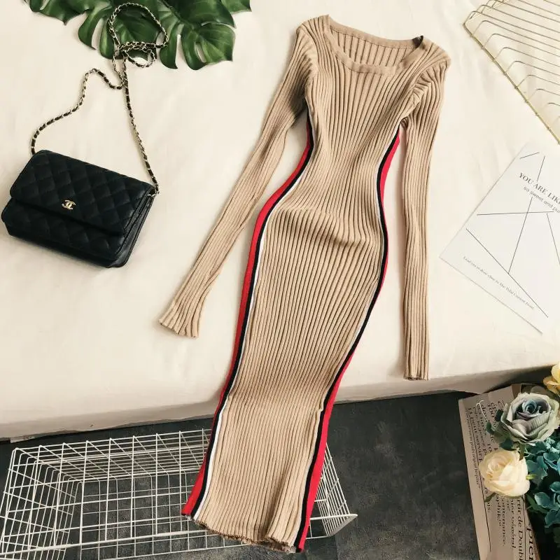 

2019 new fashion women's dresses autumn and winter stretch round neck long sleeve solid color basic knit dress
